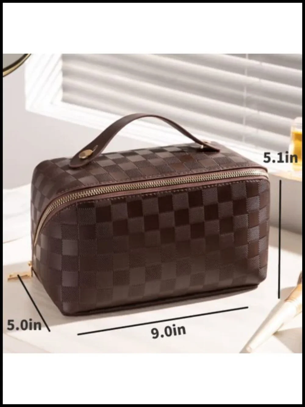 Large Capacity Checkered Makeup Bag Travel Cosmetic Organizer Waterproof PU